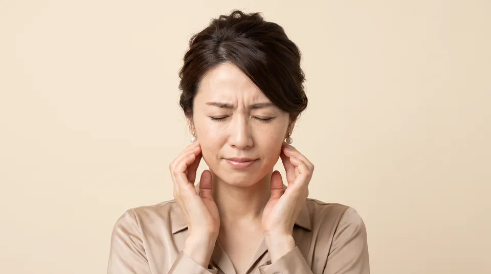 あごの関節に指を当て、痛みに目をつぶる女性