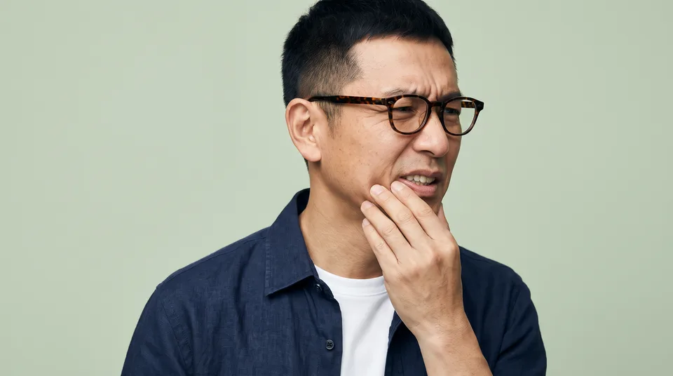 口元に指を当て、奥歯の痛みに顔をゆがめる男性