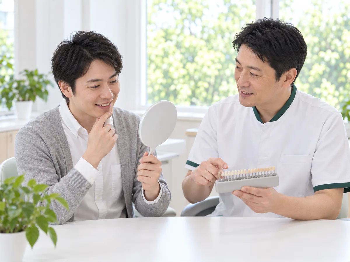 相談室で、歯科医師が男性の患者さんに歯の色見本と手鏡を渡し、いまの歯の色を一緒に確かめている