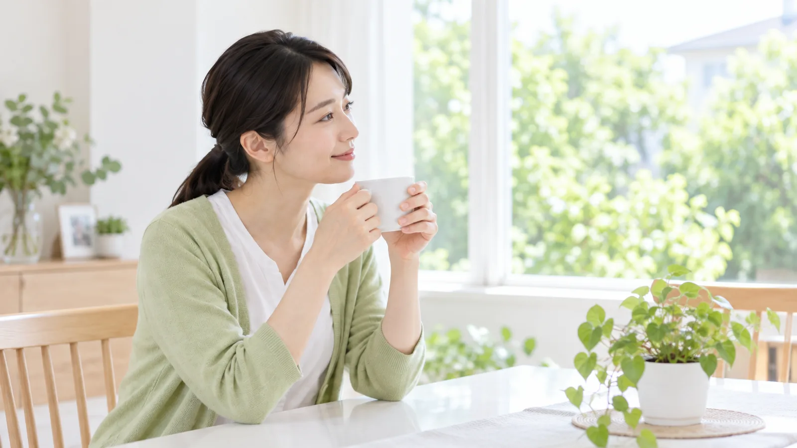 朝の窓辺で、若い女性がコーヒーカップを手にひと息ついている。机に朝の光
