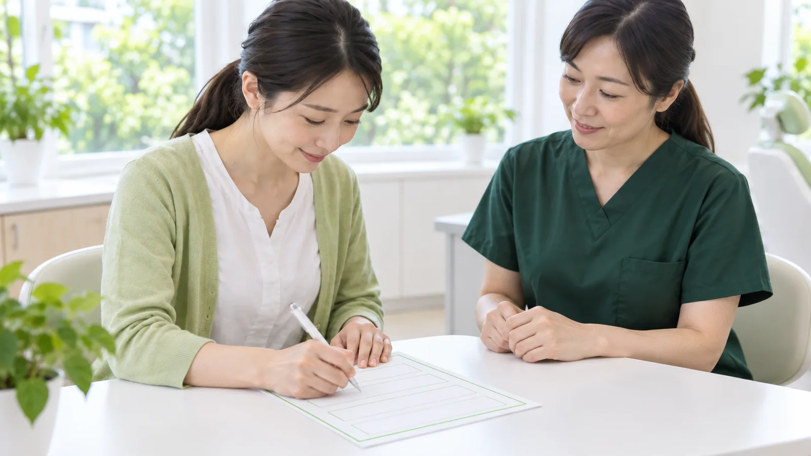 相談室で、若い女性の患者さんが問診の紙に記入している手元。横に歯科衛生士