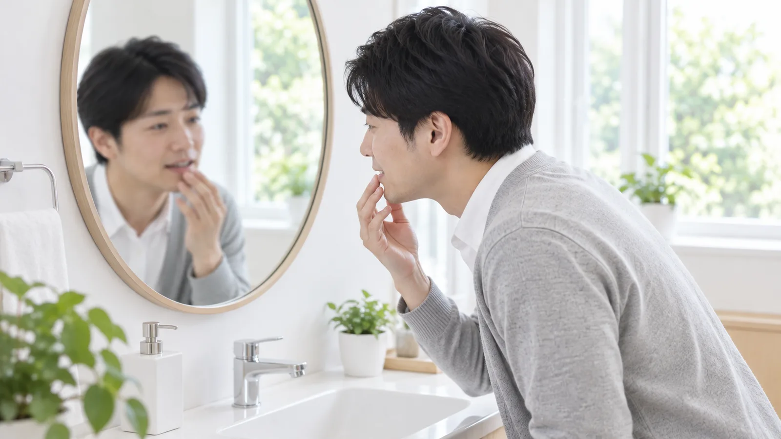 洗面所の鏡に向かい、歯を確かめている男性の横顔