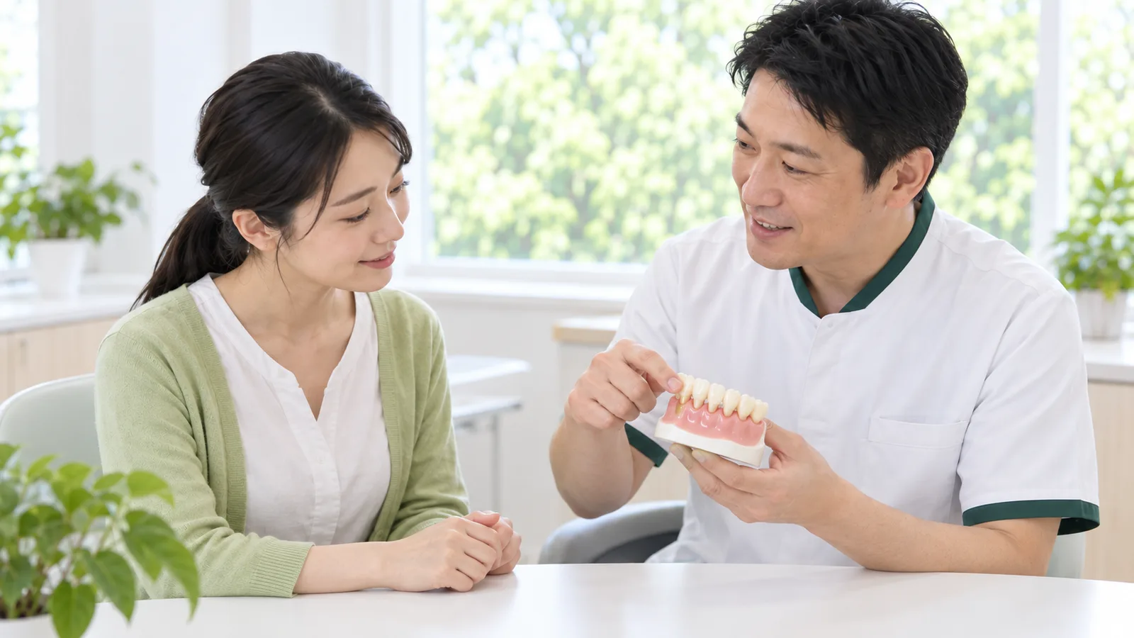 相談室で、歯科医師が歯の模型を手に、若い女性の患者さんに薬を避けて塗る場所を示している