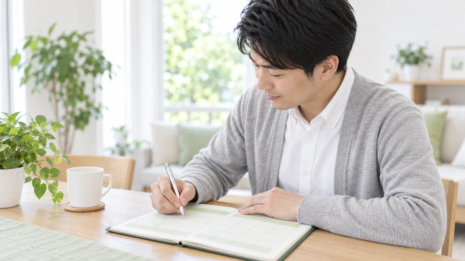 手帳のカレンダーに予定を書き込んでいる男性の手元。白いテーブルと朝の光