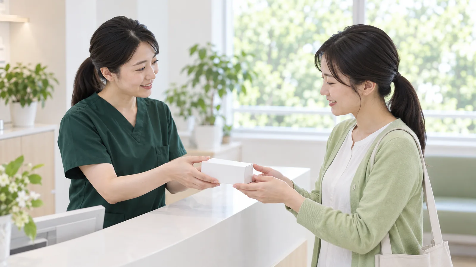 受付で、歯科衛生士が若い女性の患者さんに小さな無地の箱を渡している