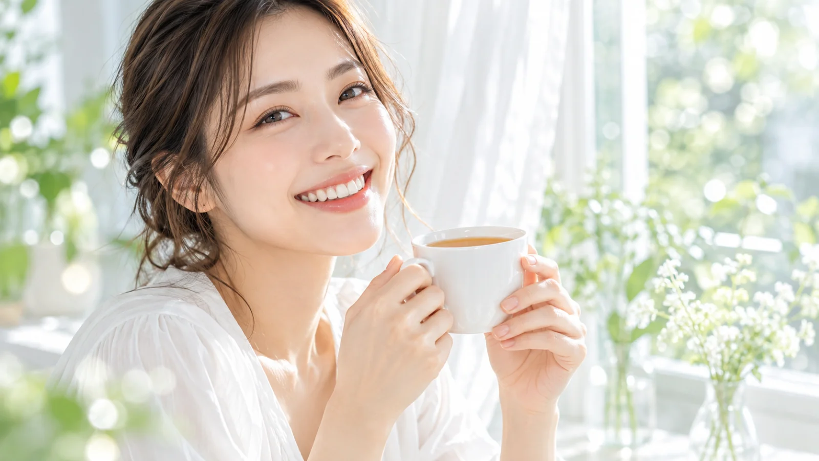白いブラウスの女性が、光の差す窓辺で白いカップのお茶を手に、白い歯で明るくほほえむ