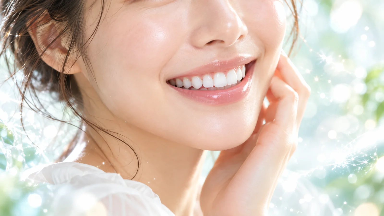 光の粒が舞う中で、自然な白い歯で笑う女性の口元のアップ