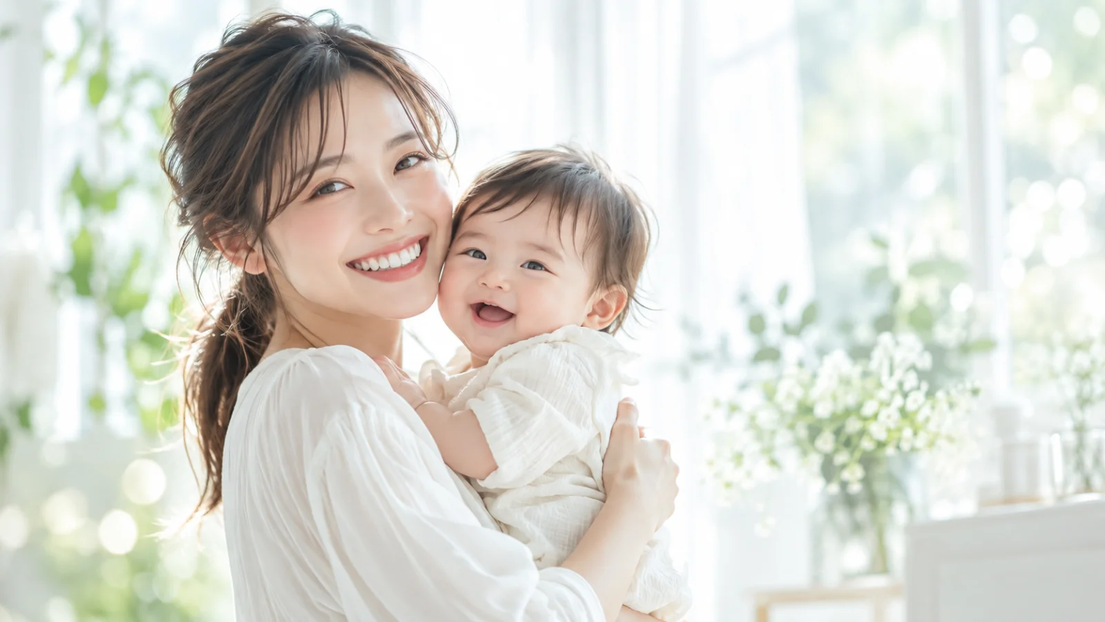 明るい白い部屋で、赤ちゃんを抱いた母親が白い歯で笑い、赤ちゃんも笑っている