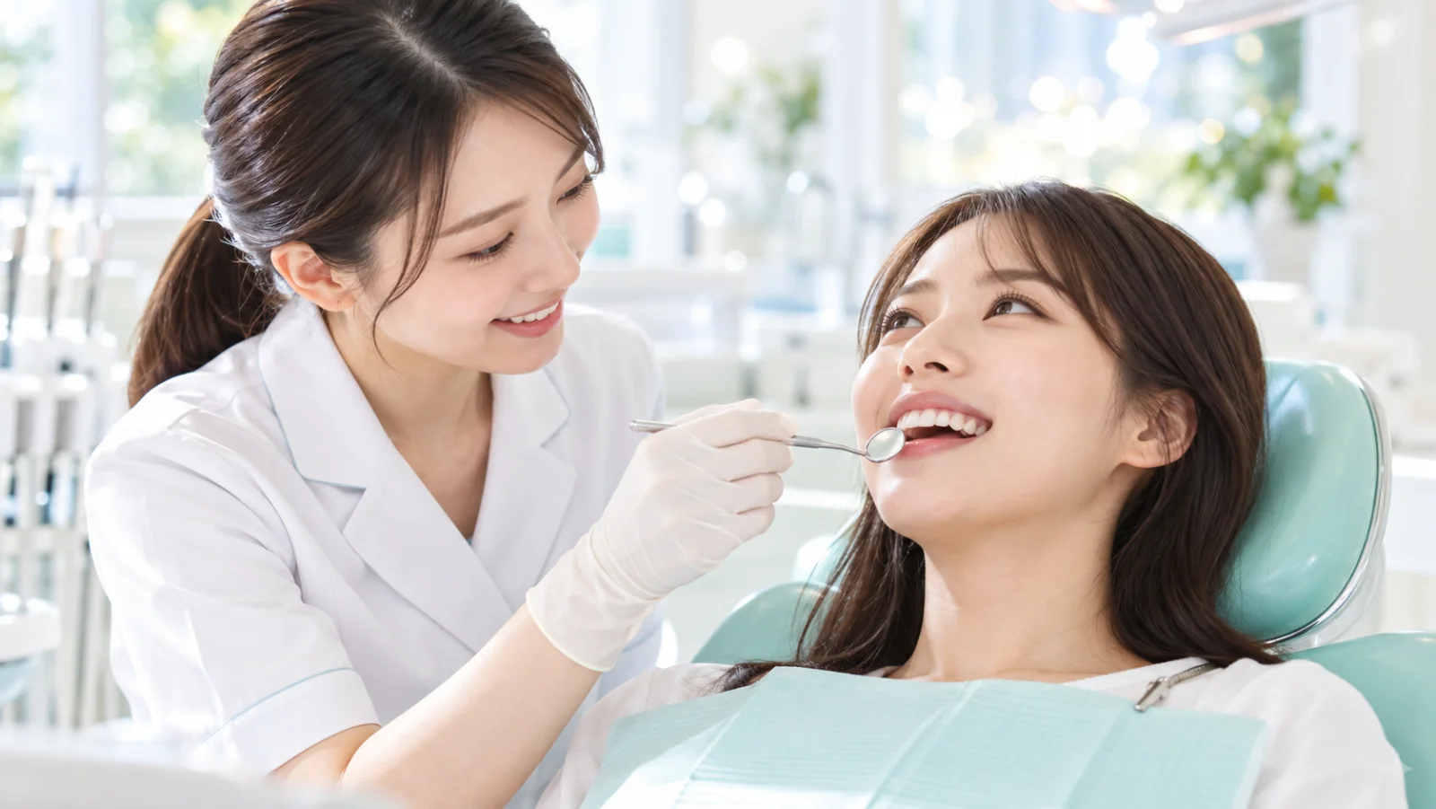 明るい診療室で、歯科医師が小さなミラーで、診療台の笑顔の女性の歯を確かめている