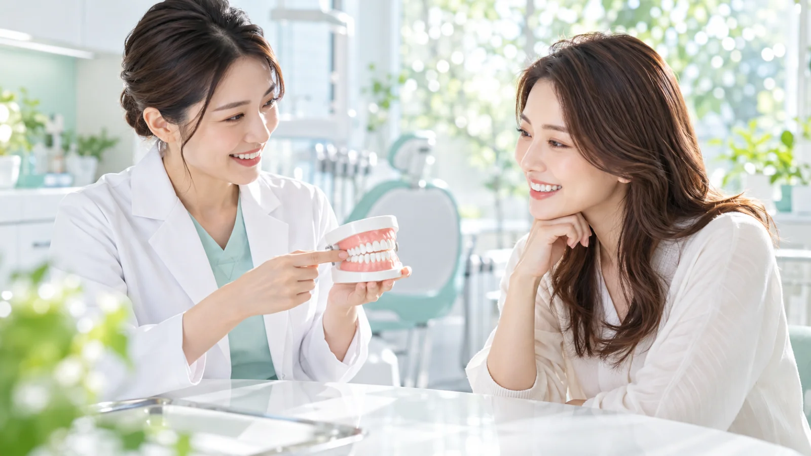 相談室で、歯科医師が歯の模型を見せ、女性の患者さんが笑顔で聞いている