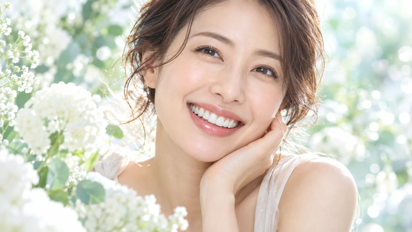 白い花とやわらかな緑を背に、頬に手を添えて自然な白い歯で笑う女性
