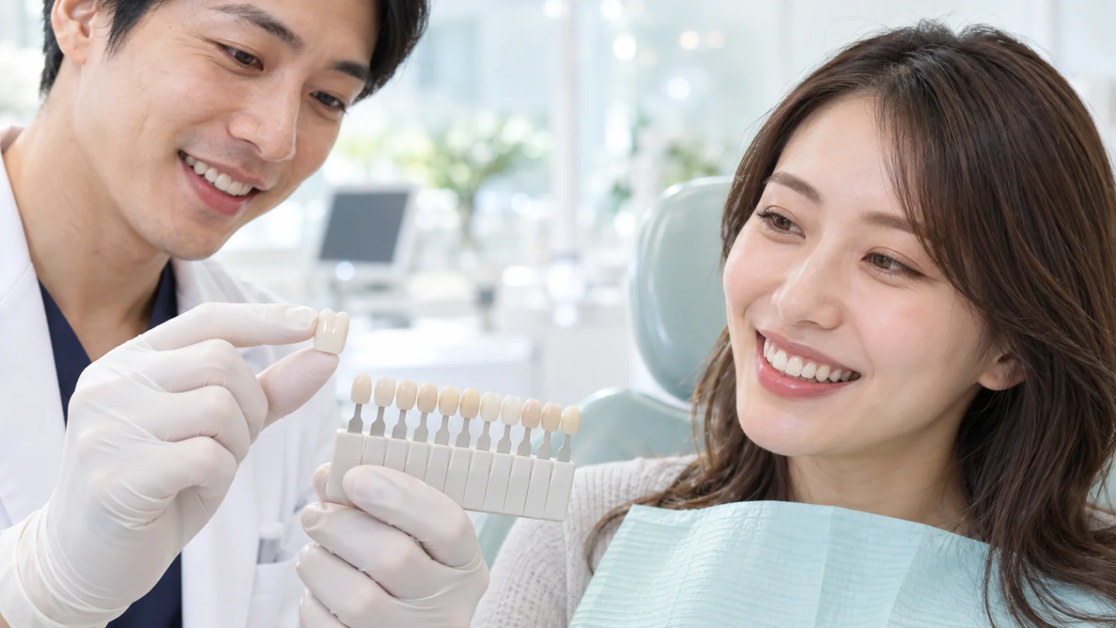診療室で、歯科医師がセラミックのかぶせ物を指先に持ち、色見本と並べて女性の患者さんに見せている