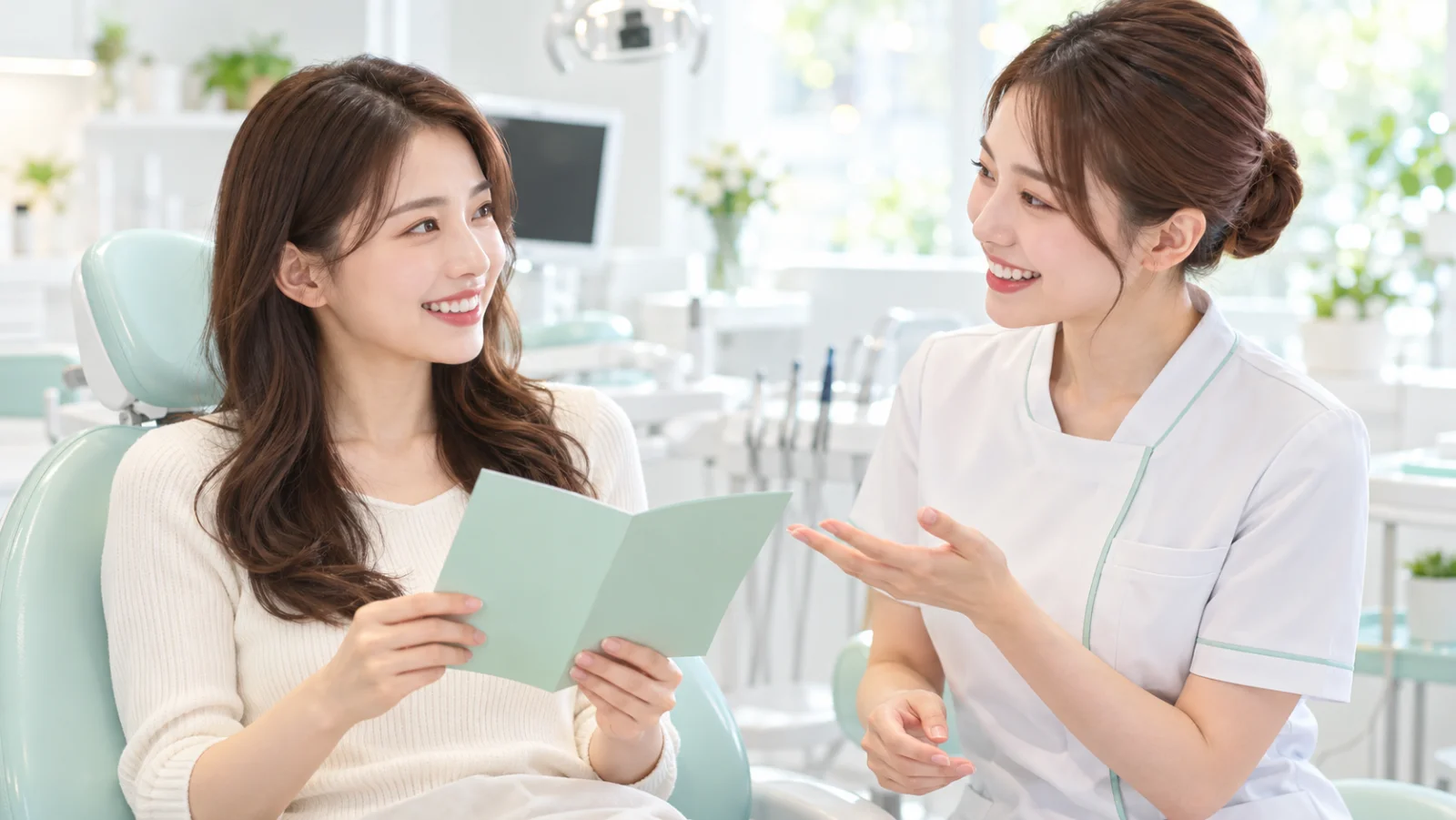 ミント色の診療台に座った女性が、無地の案内の紙を手に、歯科衛生士の説明を笑顔で聞いている