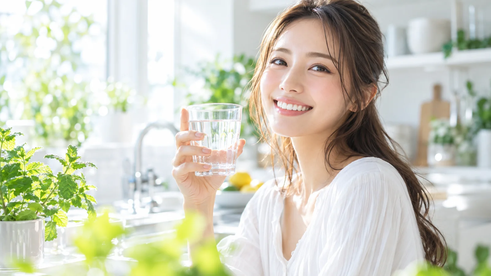 朝の明るいキッチンで、水のグラスを手に白い歯でほほえむ女性