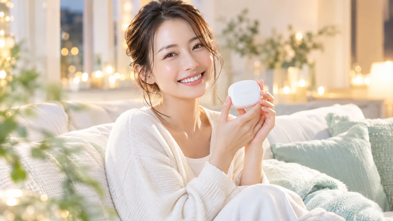 夕方のリビングのソファで、白い小さなマウスピースのケースを手に、白い歯でほほえむ女性