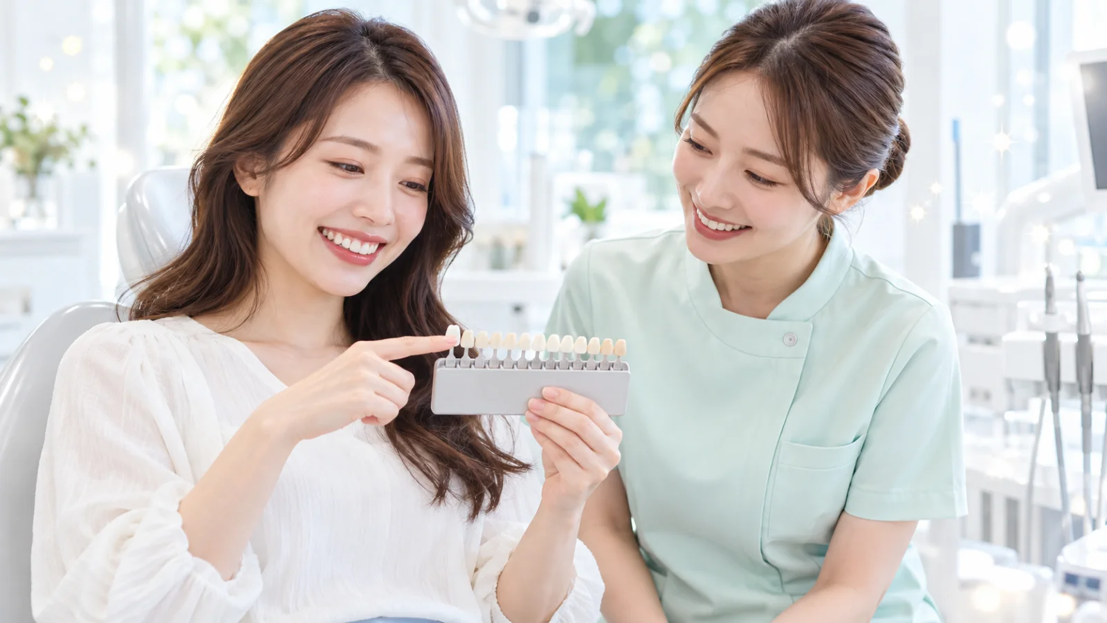 診療台の女性が自分で歯の色見本を持って明るい色を指さし、そばの歯科衛生士がほほえむ