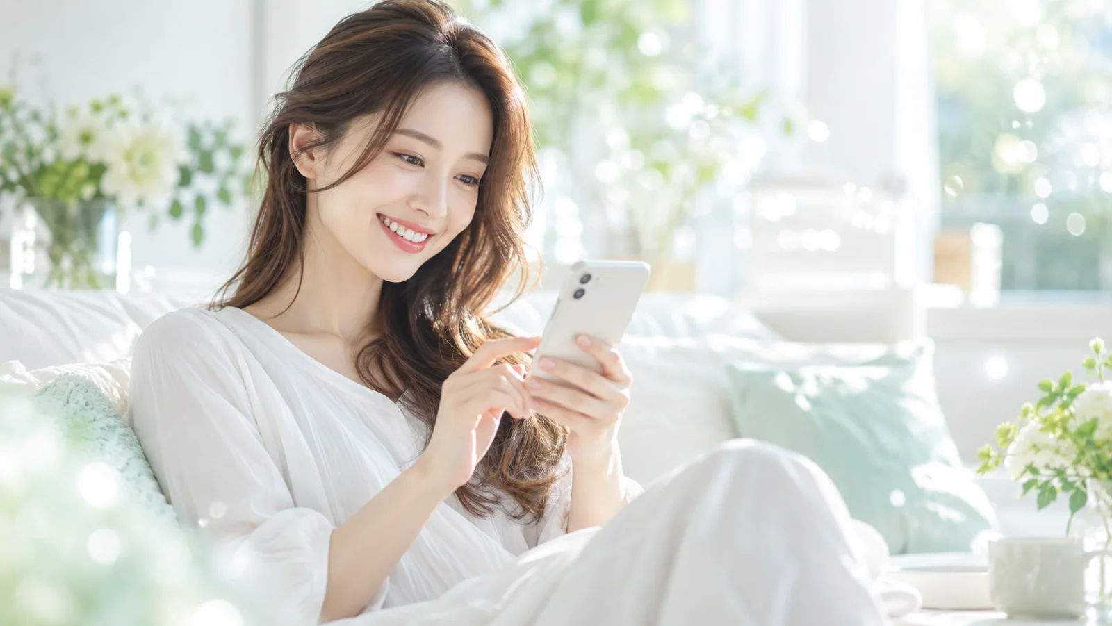 明るいリビングのソファで、スマートフォンの予定を見ながら白い歯でほほえむ女性