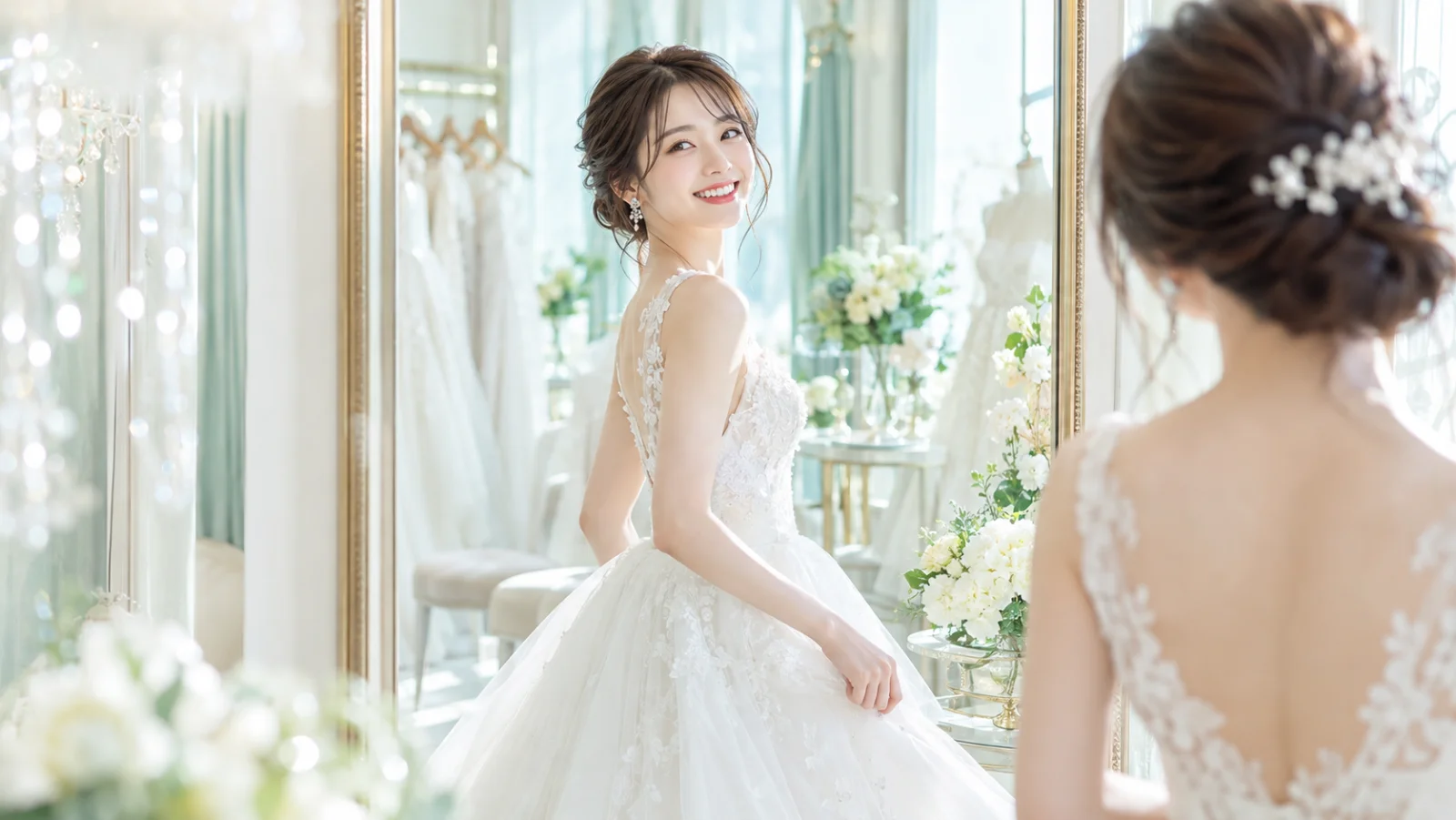 明るいドレスサロンの鏡の前で、白いドレスを試着し、白い歯でほほえむ女性