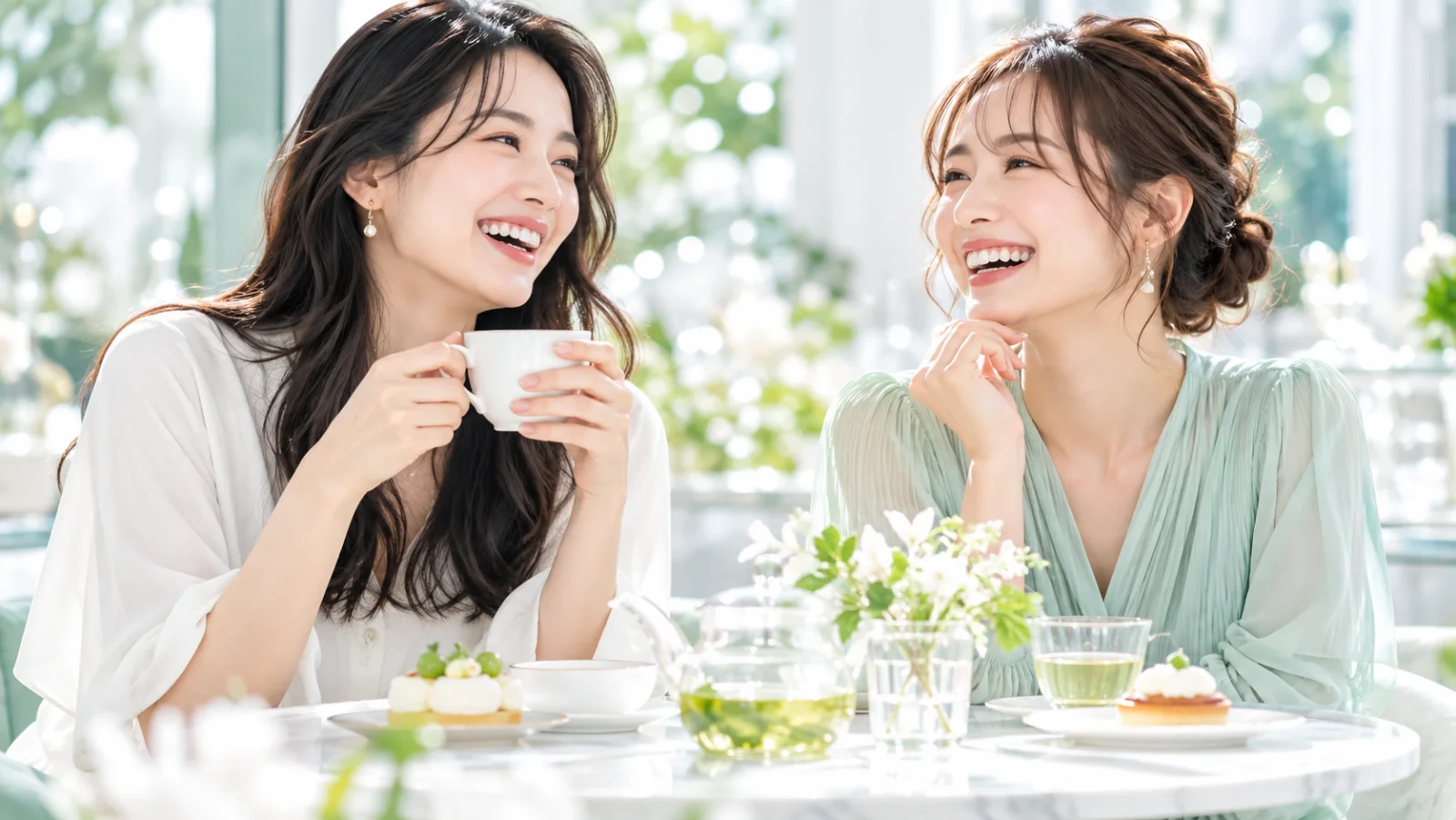 明るいカフェのテーブルで、白い歯で笑い合う2人の女性