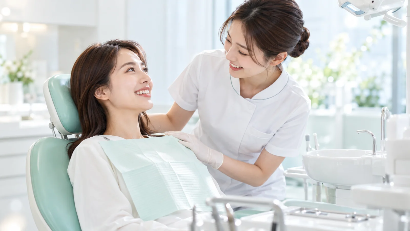 診療台の女性が笑顔で起き上がり、そばの歯科衛生士がやさしく声をかけている