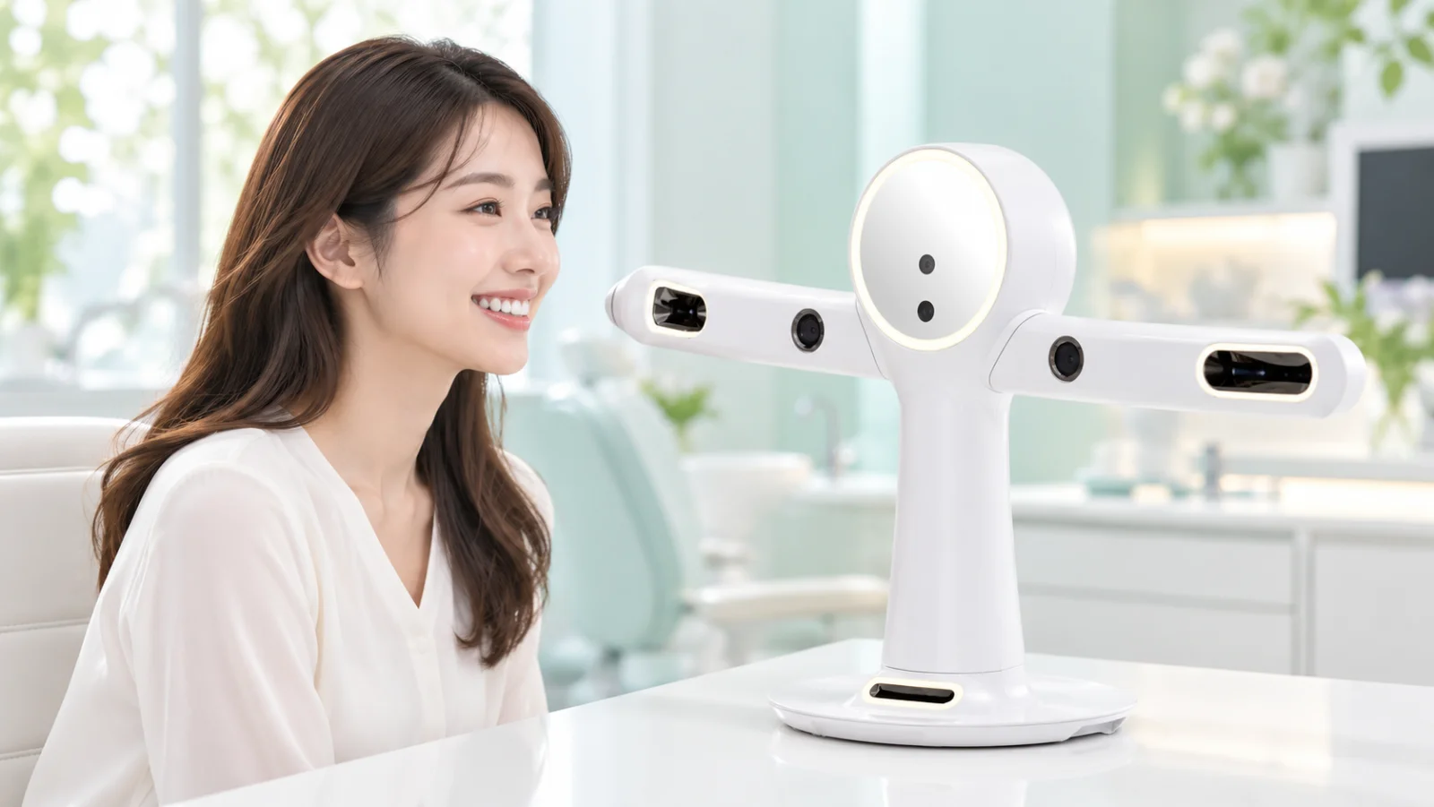 明るい相談室で、机の上の白い顔の撮影機(RAYFace。丸い頭と左右に伸びるカメラの腕)の前に女性が座り、笑顔で撮影を受けている