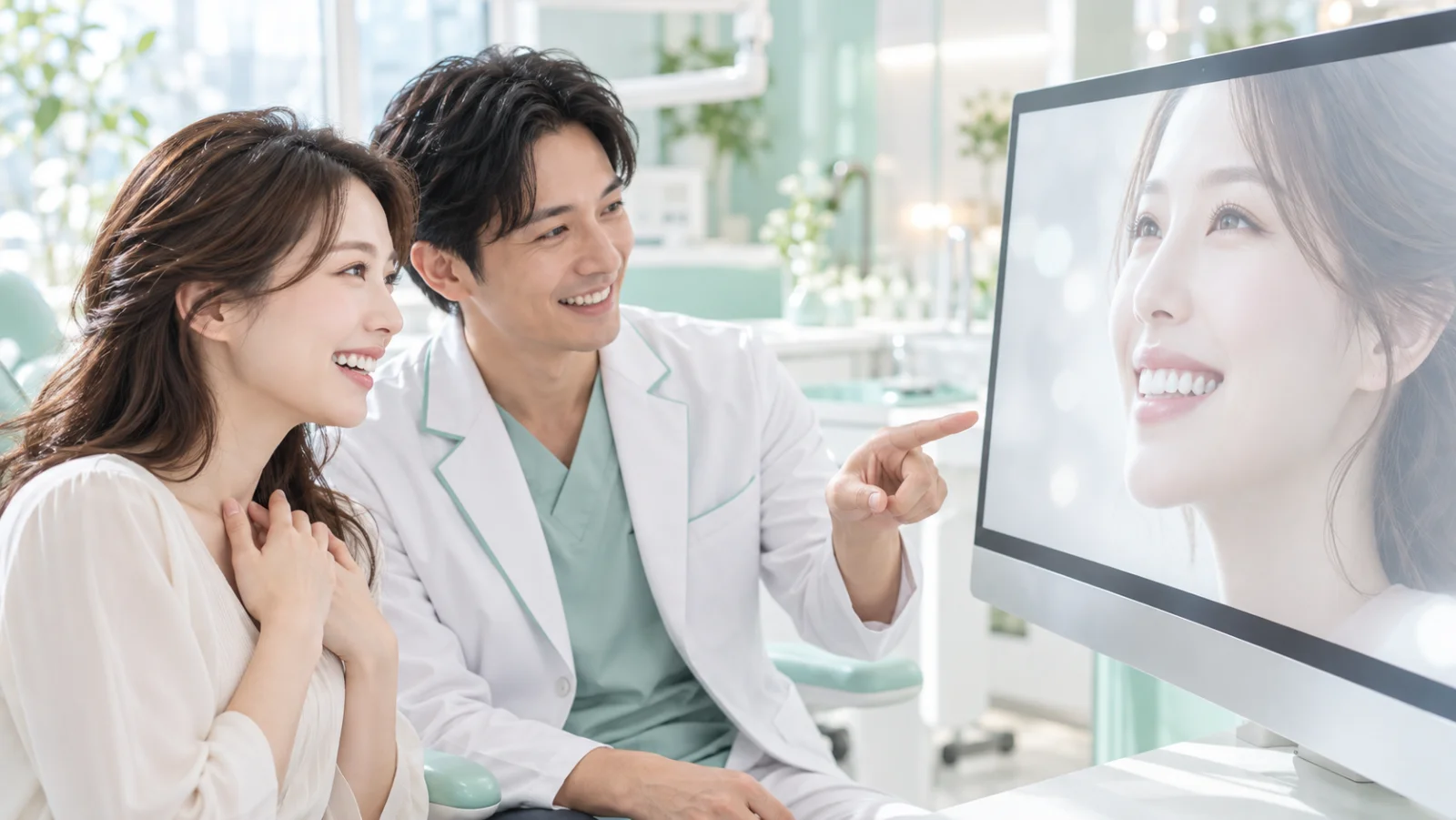 歯科医師と女性が並んで、画面に映る白い歯の笑顔を見ている。女性は胸に手を当てて、うれしそうに笑う