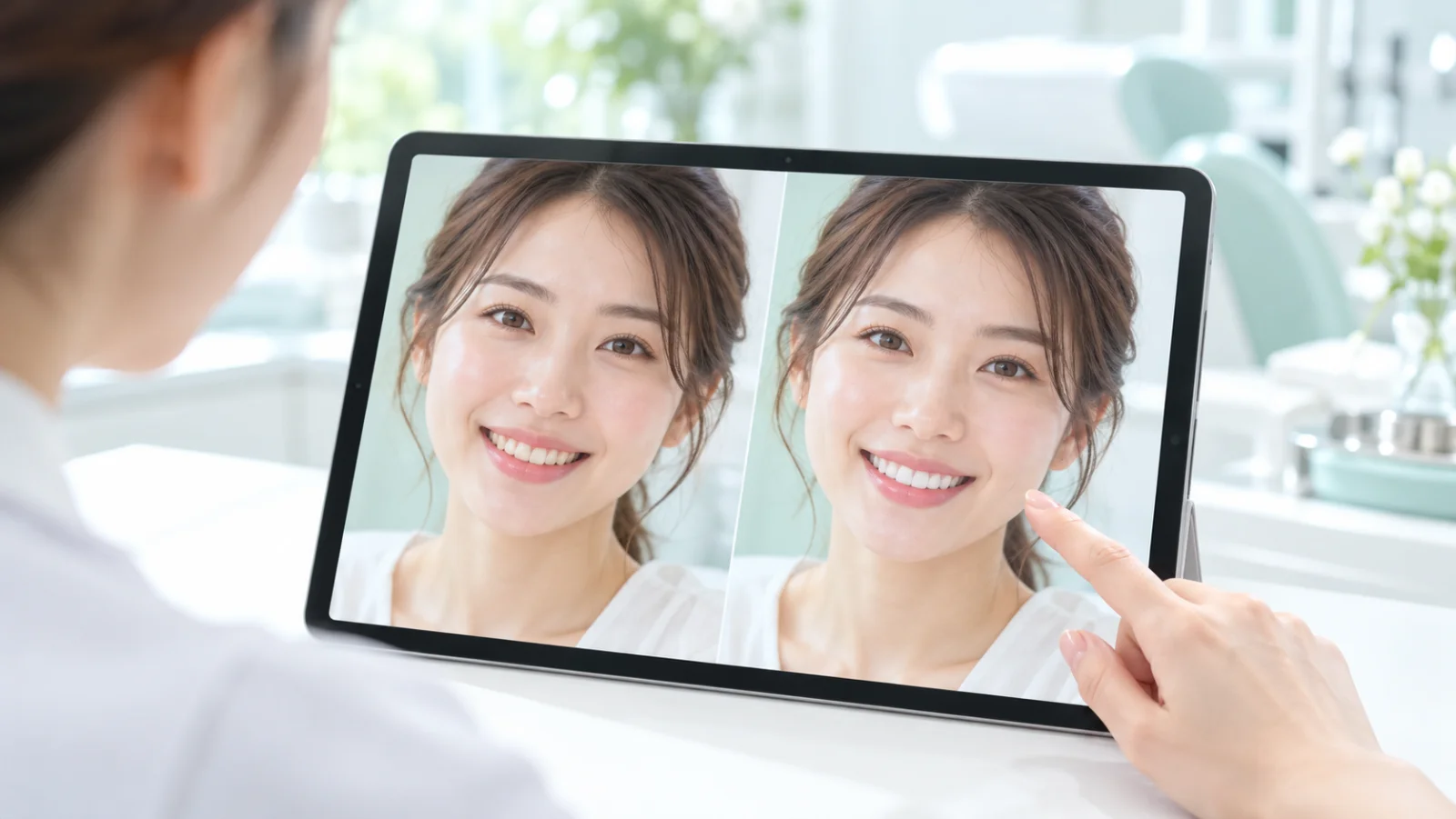 タブレットの画面に、同じ女性の笑顔が左右に2枚並び、右の笑顔の歯がより白い。指で右の画像を指している